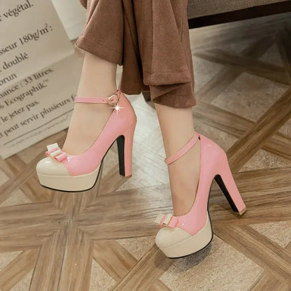 New Platform Square High Heel Women Pumps Sweet Butterfly Knot Women High Heel Shoes Mixed Color Party Women's Shoes