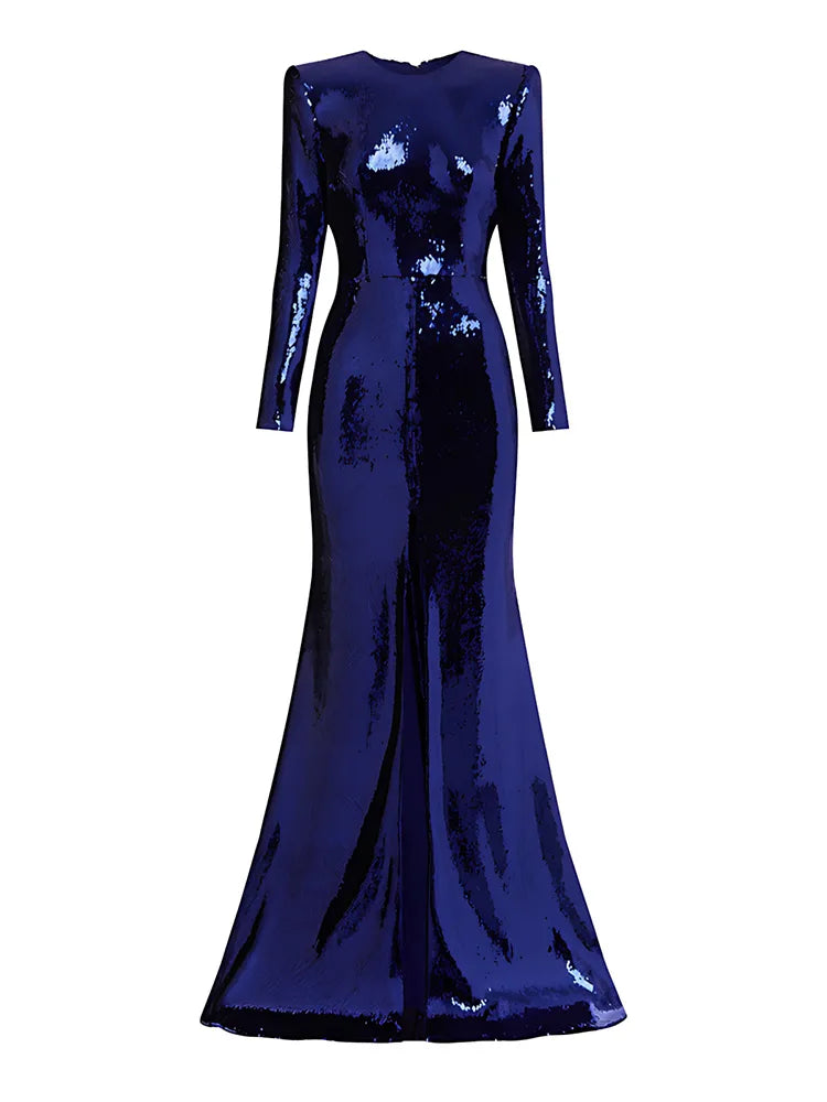 Eshin Women's Blue Sequin Long Sleeve Maxi Dress Elegant Formal Gown Floor Length Sparkly Evening Party Chic Style SA457