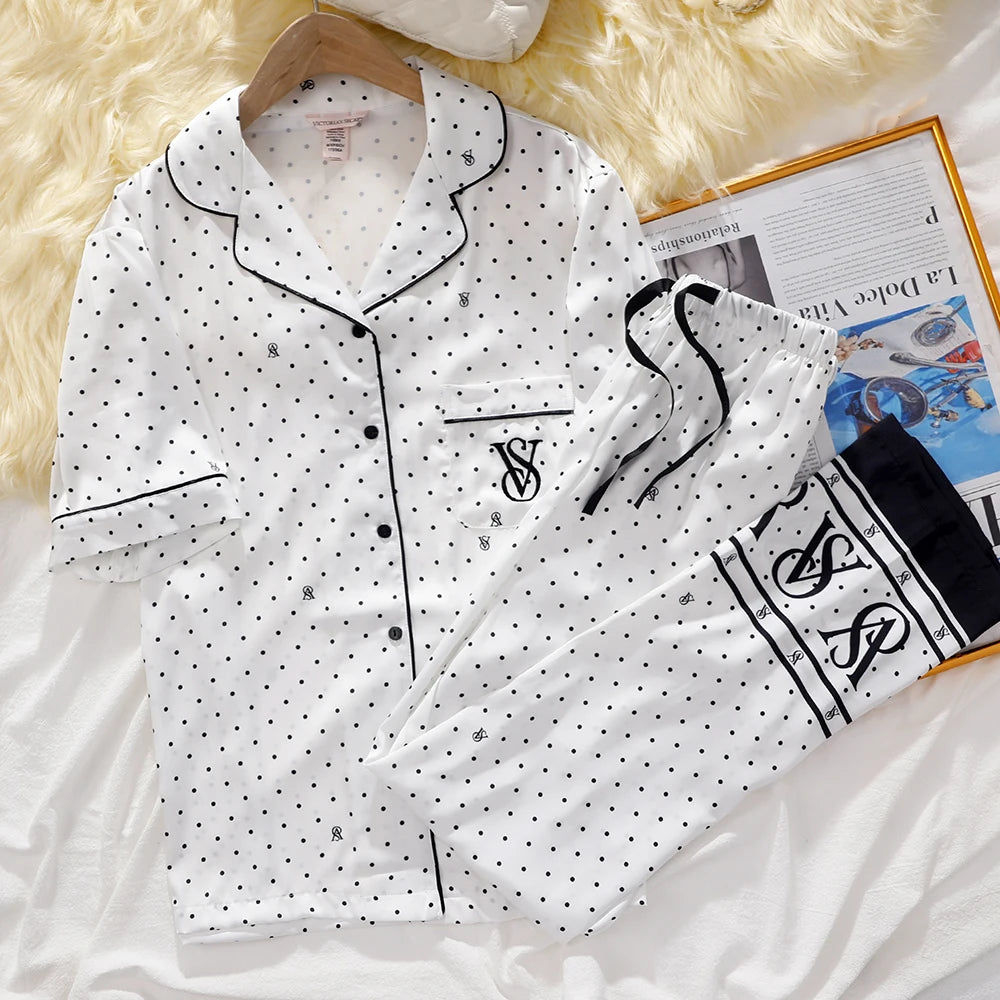 Victoria's Secret Suit Womens Silk Satin Pajamas Set Short Sleeve Shorts Sleepwear Loungewear Soft Breathable Button Down Pyjama
