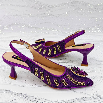 New Arrival Fashion Rhinestone Design Dreamy Color Pointed Toe Women High Heels and Bag Set For Party Wedding or Work