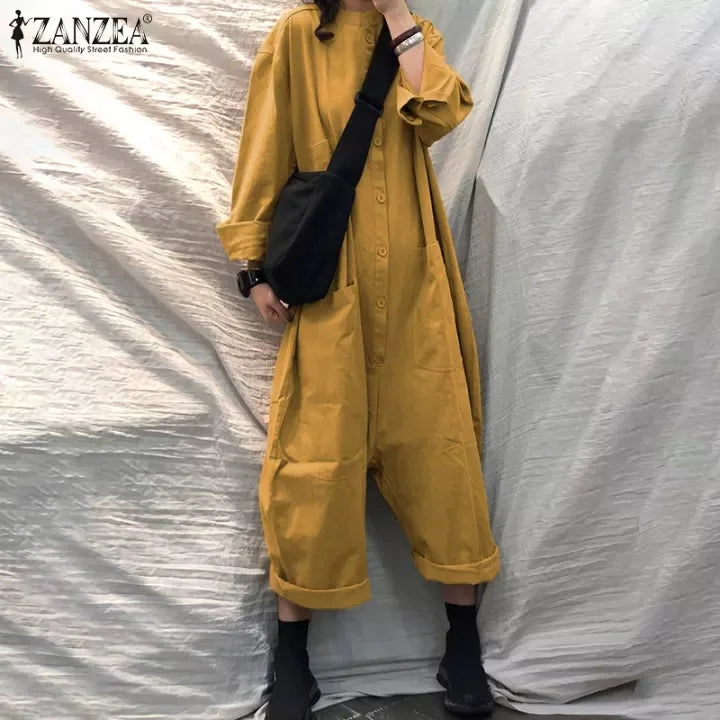 Solid Color Casual Loose Pocket Jumpsuit Women New Fall Simple Long Sleeve Shirt Female Vacation Rompers Fashionable Streetwear