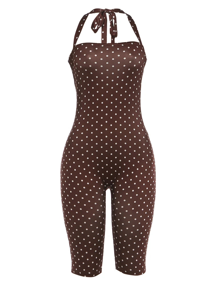 Weird Puss Sexy Backless Rompers Woman Polka Dot Print Bandage Halter Sleeveless Skinny Peach Hip High Street Fashion Playsuits