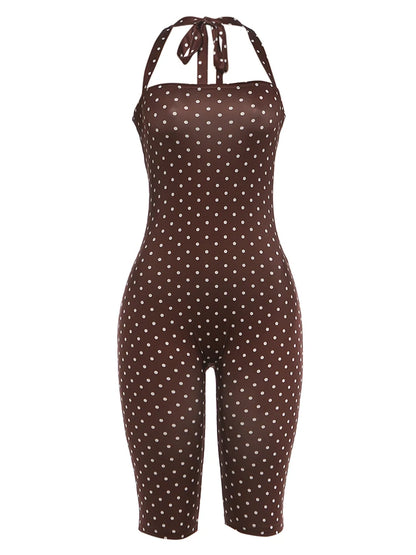 Weird Puss Sexy Backless Rompers Woman Polka Dot Print Bandage Halter Sleeveless Skinny Peach Hip High Street Fashion Playsuits