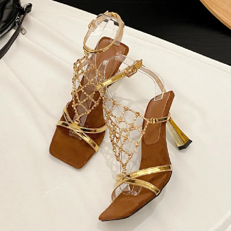 Luxury Gold Bling Rhinestone High Heeled Sandals Women Fashion Square Toe Cross Tied Designer Shoes Elegant Banquet Dress Shoes