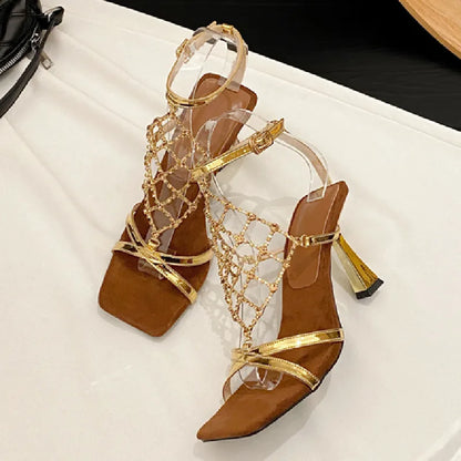 Luxury Gold Bling Rhinestone High Heeled Sandals Women Fashion Square Toe Cross Tied Designer Shoes Elegant Banquet Dress Shoes