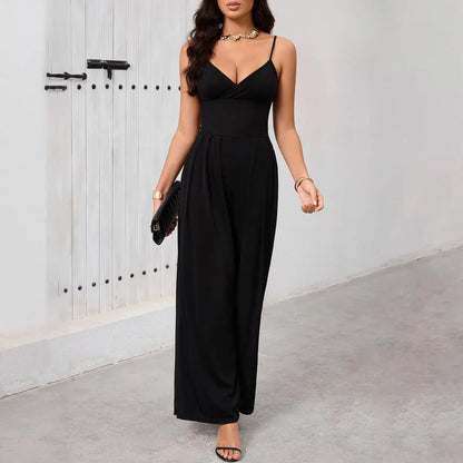 Ladies' casual solid color slim shoulder strap V-neck jumpsuit with cinched waist and wide leg pants