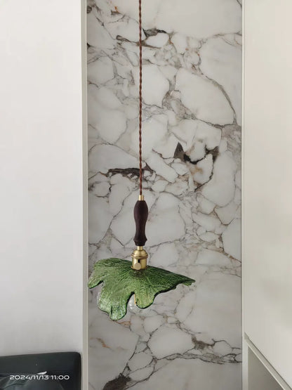 IWHD Home Decor LED Pendant Lights Kitchen Restaurant Copper Socket Flower Green Glass  Nordic Modern Walnut Wood Hanging Lamp