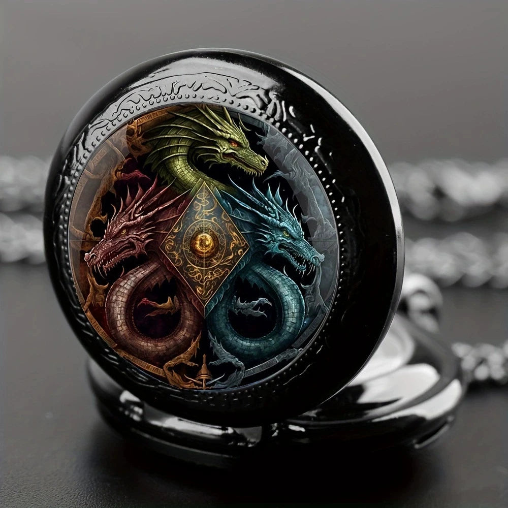 Retro Golden And Silvery Double Dragon Quartz Pocket Watch
