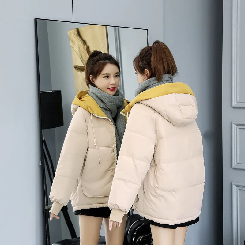 Women's Winter Jacket Cotton Padded Short Coat Ladies Students Long Sleeved Hooded Warm Outwear