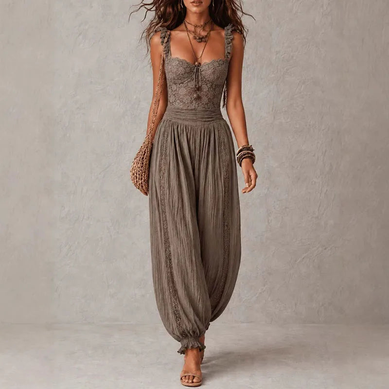 Elegant Lace Trim Boho Jumpsuits Sleeveless Ruffle Spaghetti Strap High Waist Panel Crinkle Romper Women Summer Casual Playsuits