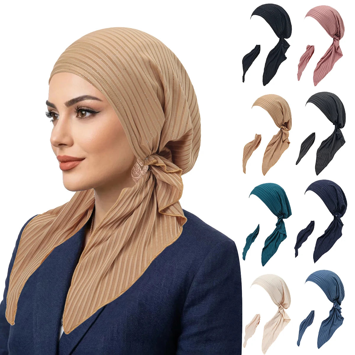 Fashion Stripes Muslim Hijab Turban Hats Long Tail Head Wraps Elastic Hijab Hats Breathable Chemo Cap For Women Girls