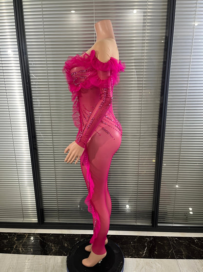 Luxury Rhinestone Mesh Bodysuit Ruffle Frill and Asymmetrical Design Formal Events Photoshoots Stage Performance Party Outfit