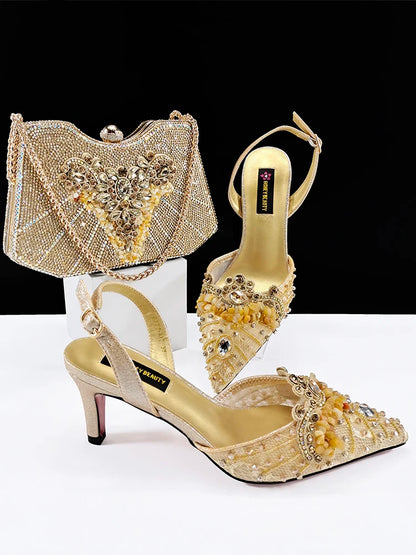 Queena Yan Elegant Mature Style Colorful Rhinestone Decoration Design Gold Party Wedding Pointed Toe Lady High Heels and Bag Set
