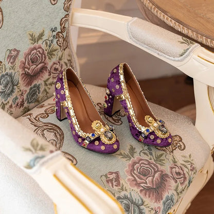 Purple Velvets Women Shallow Pumps Round Toe Crystal Gold Decorations Chunky High Heels 10cm Wine Red Prom Party Creepers Sapato