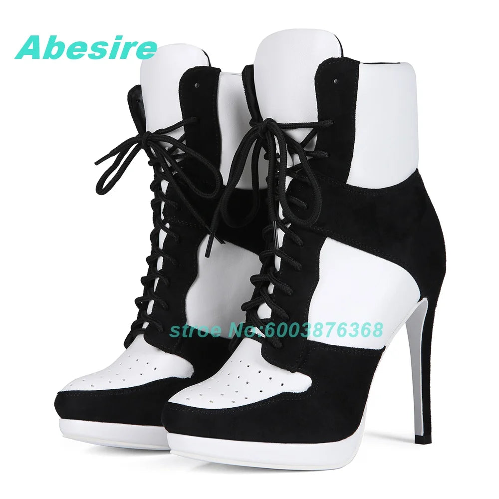 Mixed-Color Air Mesh Cross-Tied Ankle Boots Round Toe Thin Heels Platform Shoes for Women Casual Concise Daily Comfortable Shoes