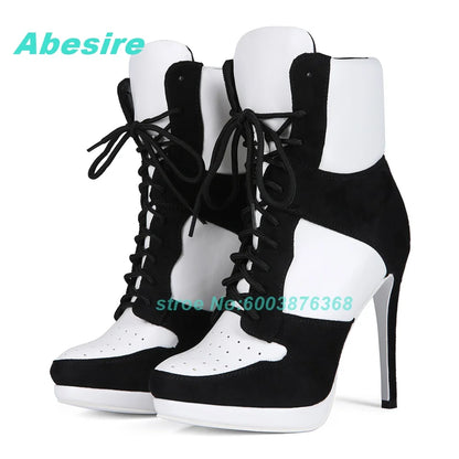 Mixed-Color Air Mesh Cross-Tied Ankle Boots Round Toe Thin Heels Platform Shoes for Women Casual Concise Daily Comfortable Shoes