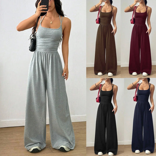 Women's Casual Summer Wide Leg Jumpsuit Strap Wrap Chest Waist Cinched One-Piece Suit Comfortable Loose Fit Overall Dress