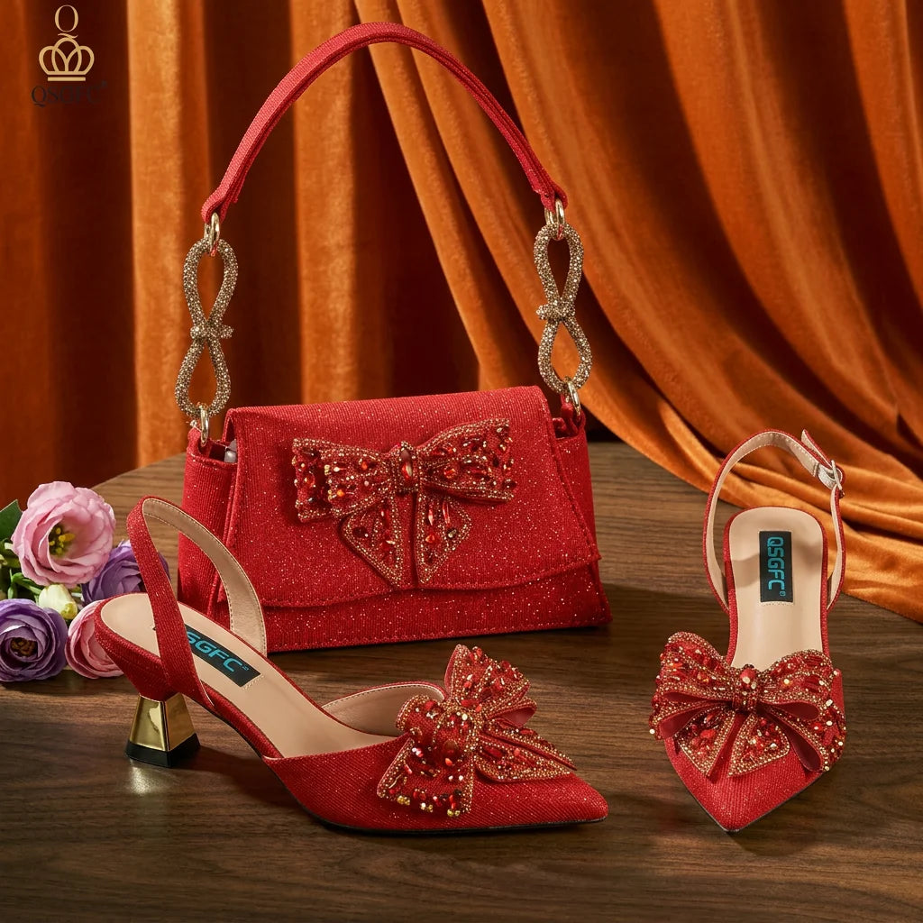 QSGFC Italian Design Red Elegant Women's Heels Fashion Crystal Bow Pointed Toe Sandals Nigeria Shoes Bag Set For Women