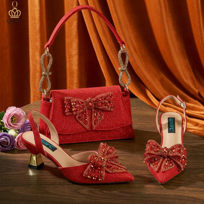QSGFC Italian Design Red Elegant Women's Heels Fashion Crystal Bow Pointed Toe Sandals Nigeria Shoes Bag Set For Women