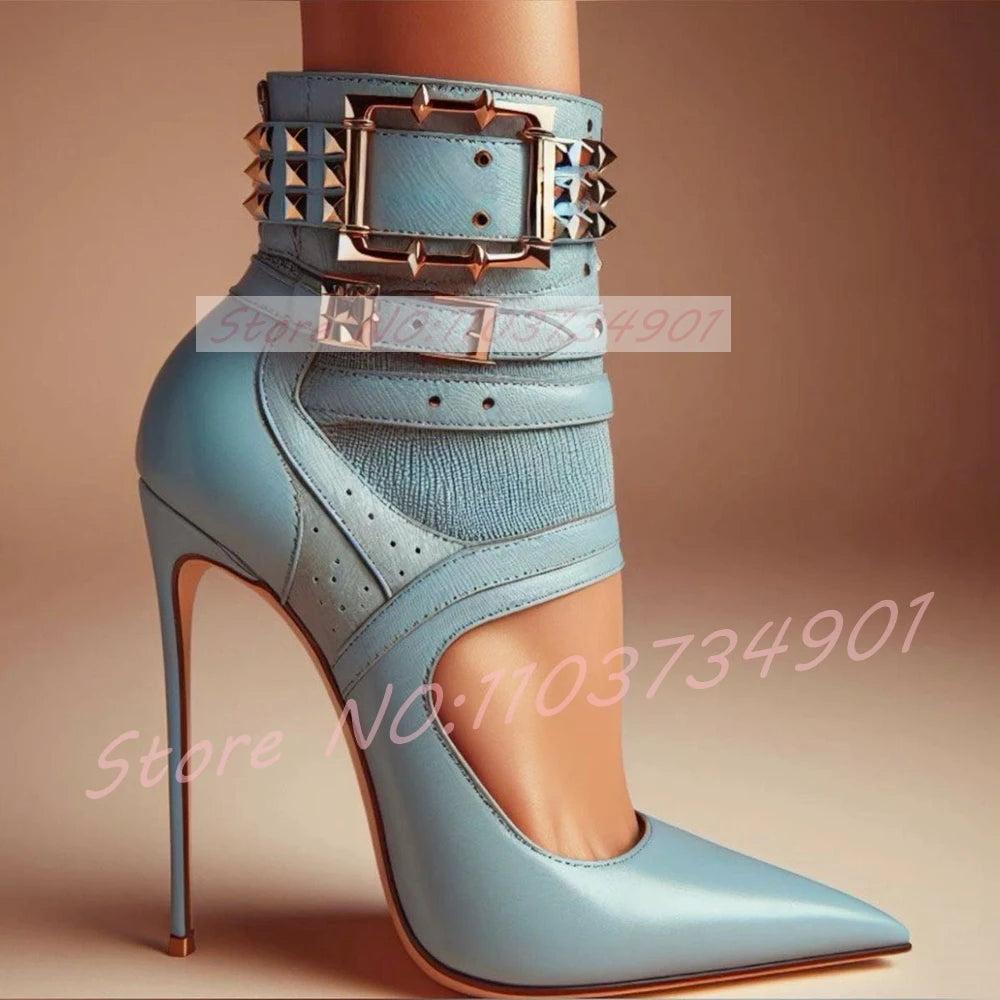 Studded Buckle Strap Cut-Out Sandal Boots Women Splicing Pointy Toe High Heels Blue Leather Ankle Boots Lady Edgy Luxe Footwear