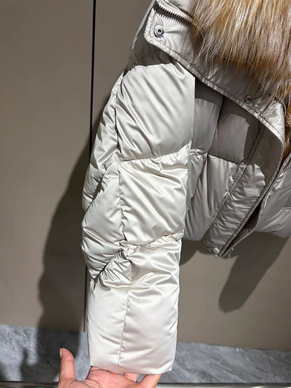 2026 New Winter Warm Women White Goose Down Jacket Real Large Fox Fur Collar Loose Short Puffer Coat Ladies Parka Outerwear