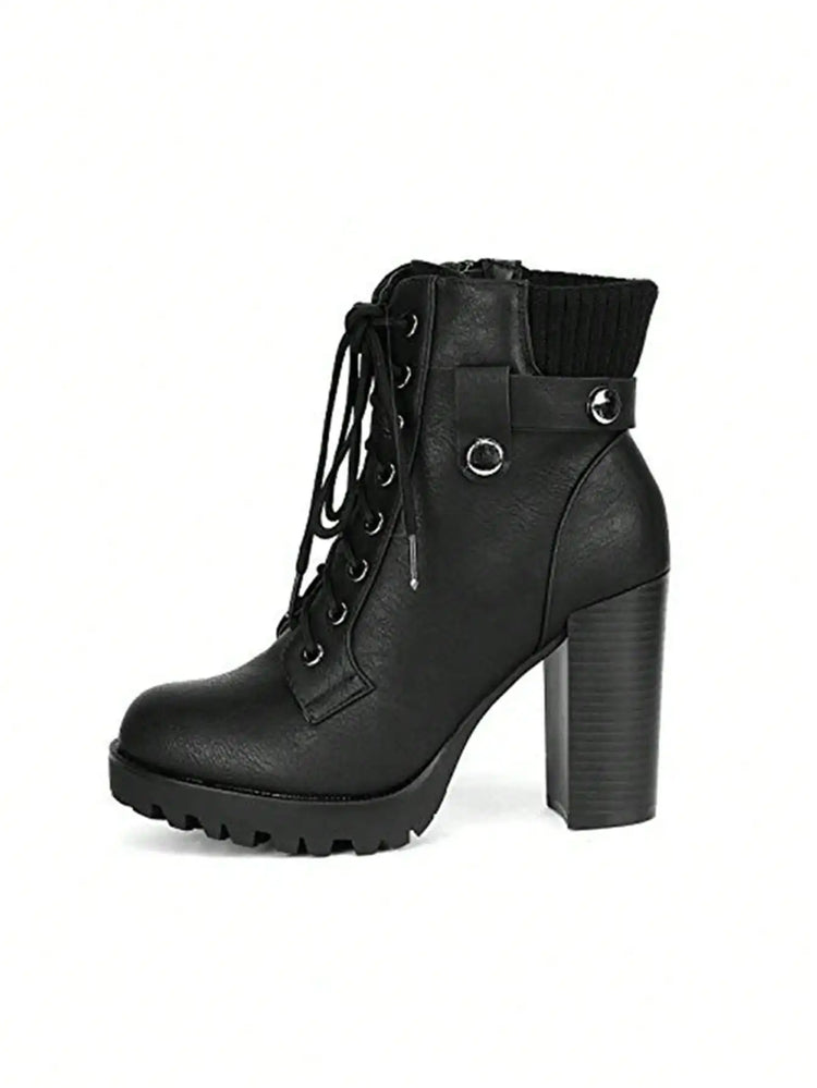 Women's Lace Up Combat Ankle Boots High Chunky Heel Fashion Heeled Booties Shoes Black Boots Ankle Boots