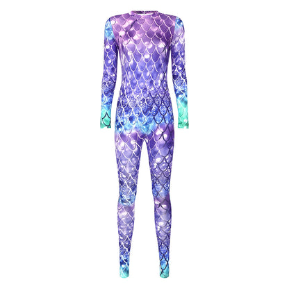 Womens Rash Guard One Piece Swimsuit Mermaid Fish Scale Print Long Sleeve Back Zipper Full Body Tops Sexy Swimwear Jumpsuit