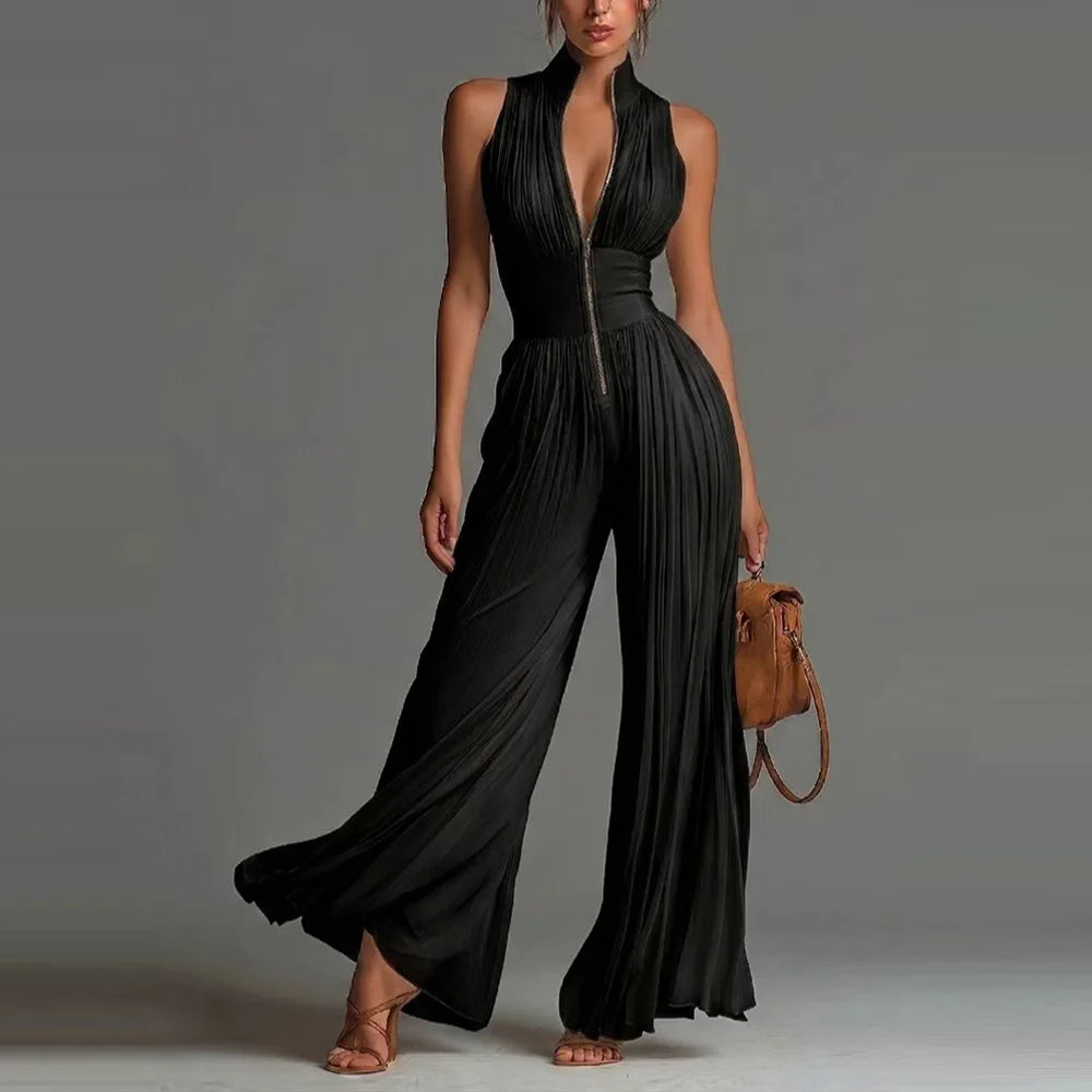 Sexy Deep V Neck Hollow Zip Jumpsuit Women's Spring Solid High Waist Wide Leg Romper Summer Sleeveless Pleated Vacation Overalls