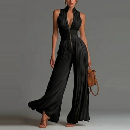 Sexy Deep V Neck Hollow Zip Jumpsuit Women's Spring Solid High Waist Wide Leg Romper Summer Sleeveless Pleated Vacation Overalls