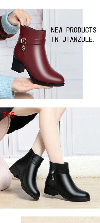 High-Heeled Leather Shoes Spring Single Shoes Thick Heel Thick Sole Slip-On Women's Shoes Square Toe Middle-Aged Mother's Shoes