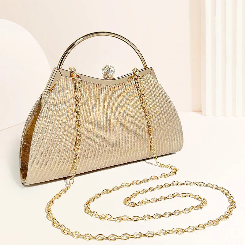 Pleated Evening Handbag Women Top Handle Glitter Day Clutch Ladies Wedding Dinner Dressed Clip Bag Diamond Party Purse Gold