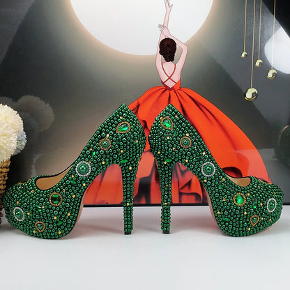 Fashion New Arrival Green Pearl Bridal Shoes and Bag Set Woman Party Dress Shoes Big Size Ankle Strap Buckle Shoes High Pumps