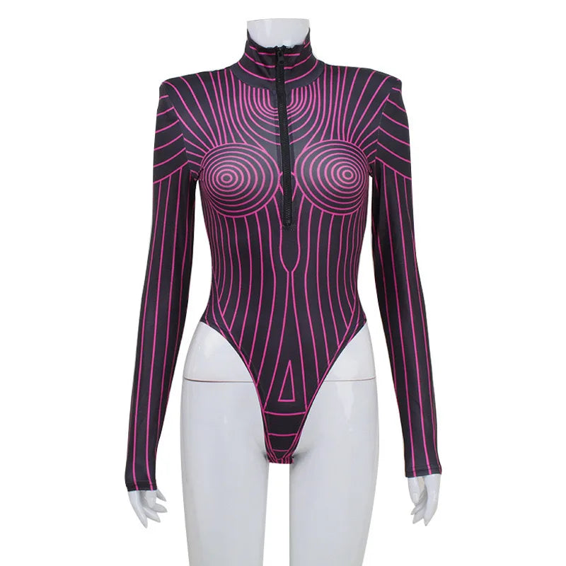 Art Irregular Lines Jumpsuit Women Slim Cosplay Party Catsuit Shapewear Bodysuit 2025 Fashion High Neck Long Sleeve Neon Outfits