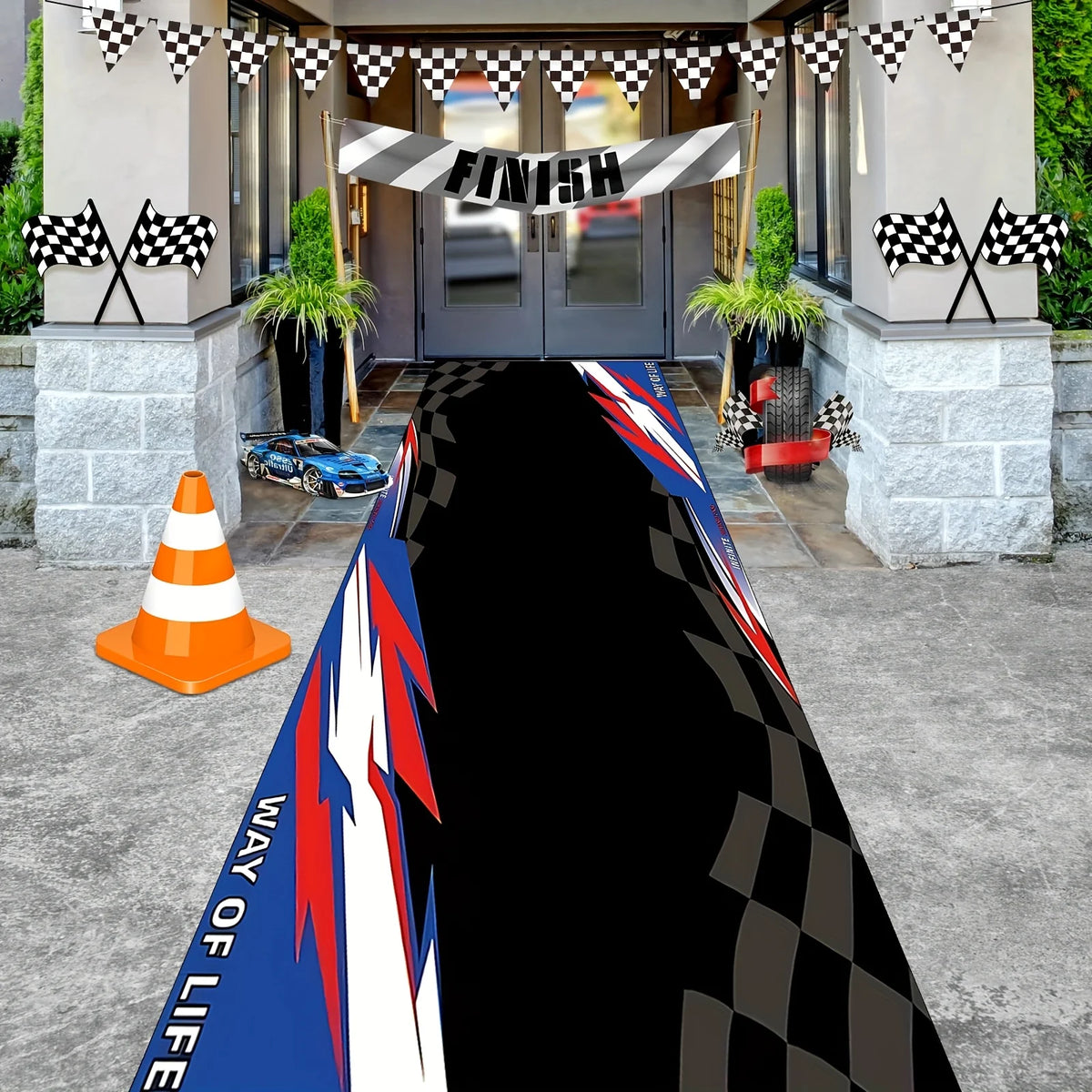 VIKAMA Motorcycle Garage Long Mat Checkered Flag Non Slip Wear Resistant Corridor Rug for Boys Bedroom E-Sports Room Decor