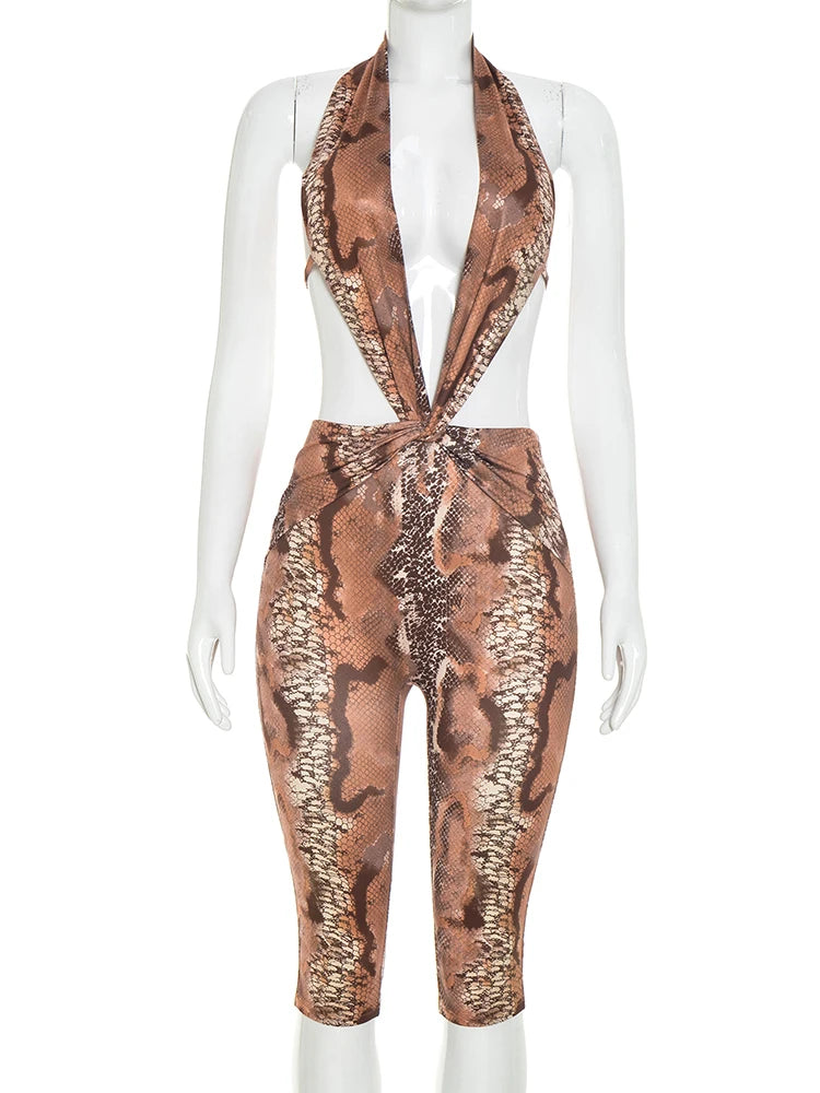 Weird Puss Sexy Backless Playsuit Woman Summer Trend Serpentine Print Halter Low-Neck Skinny Stretch Midnight Club Party Rompers