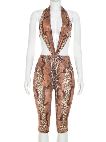 Weird Puss Sexy Backless Playsuit Woman Summer Trend Serpentine Print Halter Low-Neck Skinny Stretch Midnight Club Party Rompers