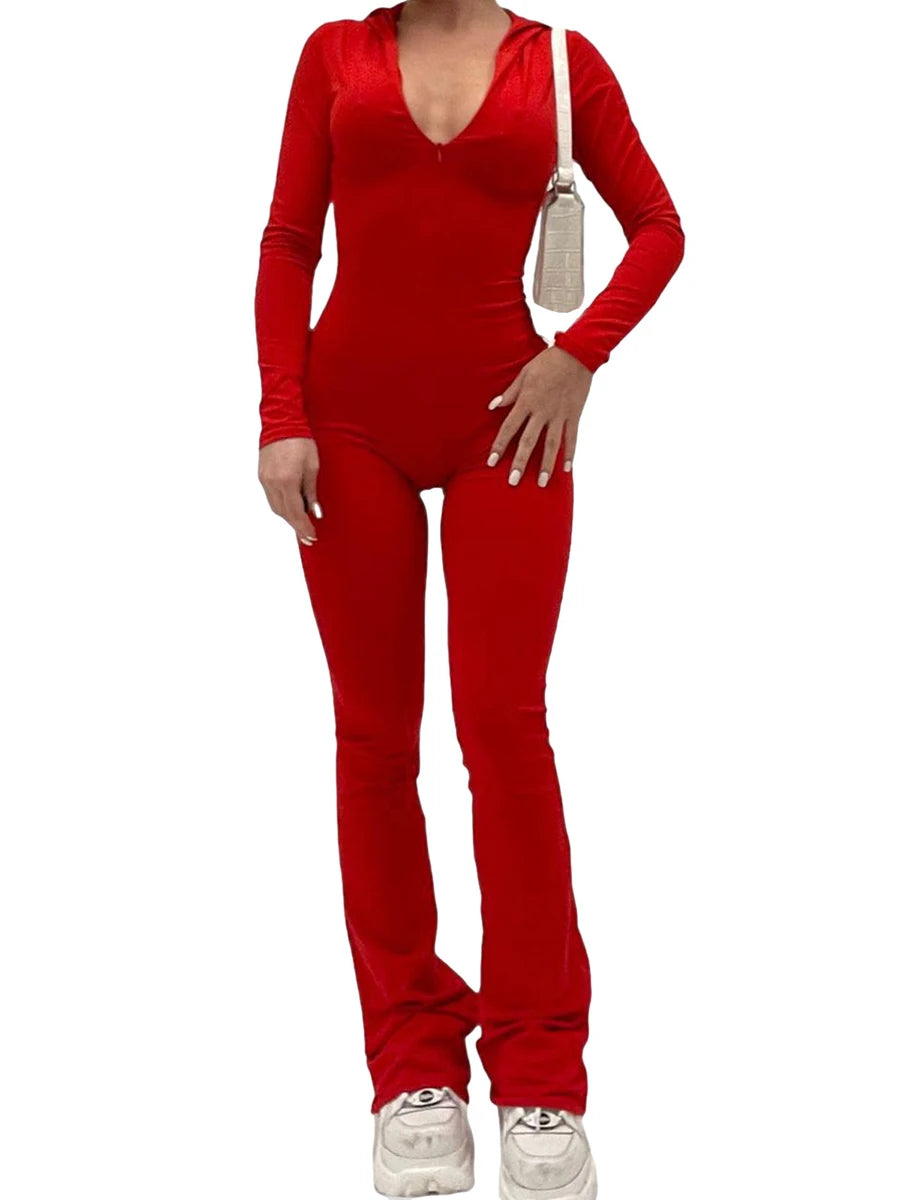 Women's Zip Up Hooded Jumpsuit New Streetwear Flare Rompers Solid Color Skinny Long Sleeve Jumpsuits Luxury Clothes Women Hot