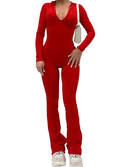 Women's Zip Up Hooded Jumpsuit New Streetwear Flare Rompers Solid Color Skinny Long Sleeve Jumpsuits Luxury Clothes Women Hot