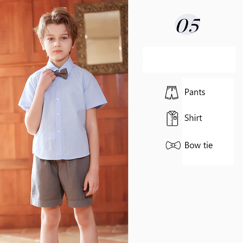 Children Summer Kindergarten School Uniforms Girls Pleated Skirts JK Suit Boys Shirt Shorts Bowtie Wedding Performance Costume