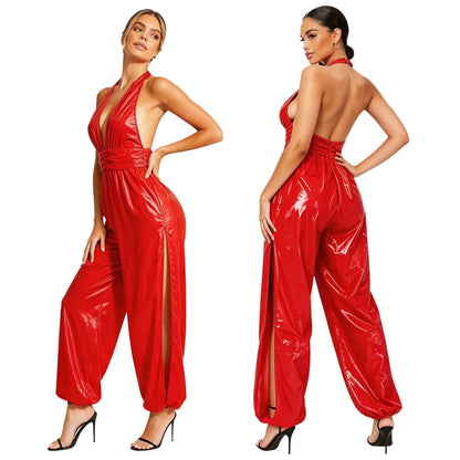 Womens Ruched Waist Back Invisible Zipper Side Split Bodysuit Glossy Water Resistant Rompers Halter Backless Jumpsuit Clubwear