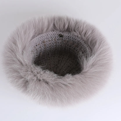 Women's Winter Warm Genuine Premuim Mink Fur Knitted Bucket Hat Furry Real Fur Caps Big Fox Fur Trim Brim Adjustable