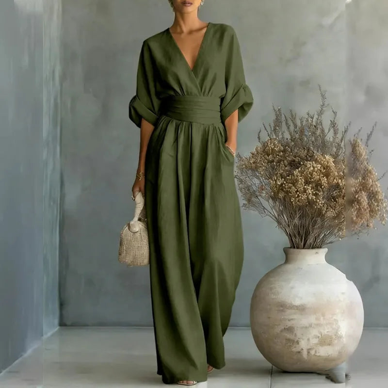 2026 Women V Neck Waist Wide Leg Jumpsuit Casual Elegant Summer One Piece