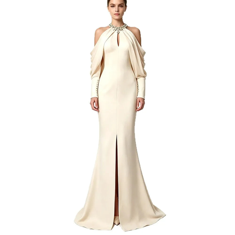 Fashionable wedding socialite long dress, evening gown, women's dress, celebrity studded diamond long sleeve party dress
