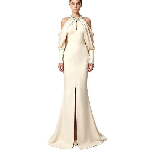 Fashionable wedding socialite long dress, evening gown, women's dress, celebrity studded diamond long sleeve party dress