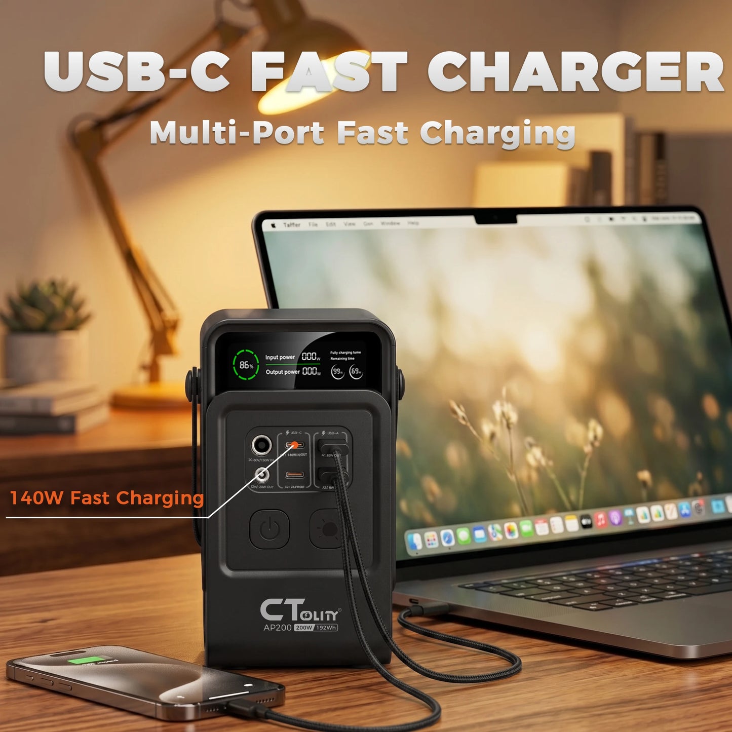 CTOLITY AP200 Portable Power Bank 192Wh 200W LiFePO4 Battery with SPC100 100W ETFE 20.5V Flexible Solar Panel Camping Travel RV