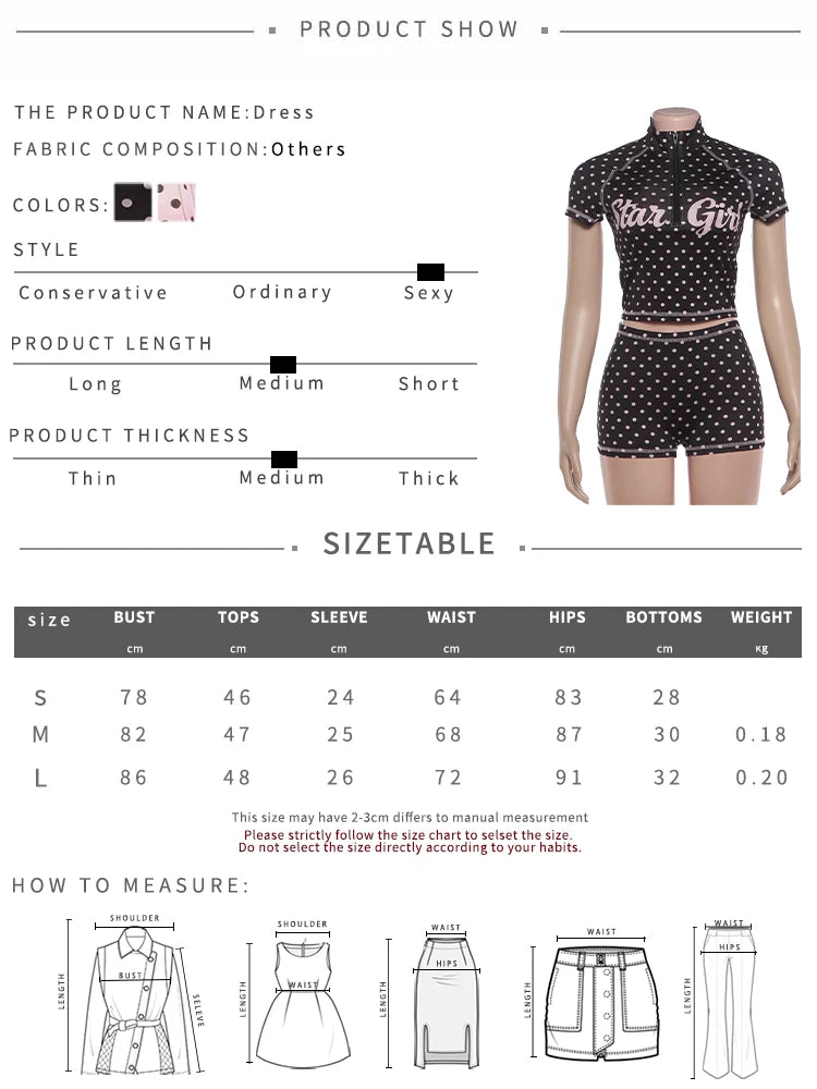 Kliou Polka Dot Print 2 Piece Set Woman Zip Turtleneck Short Sleeve Crop Tops+Skinny Shorts Street Sexy Fashion Style Outfits