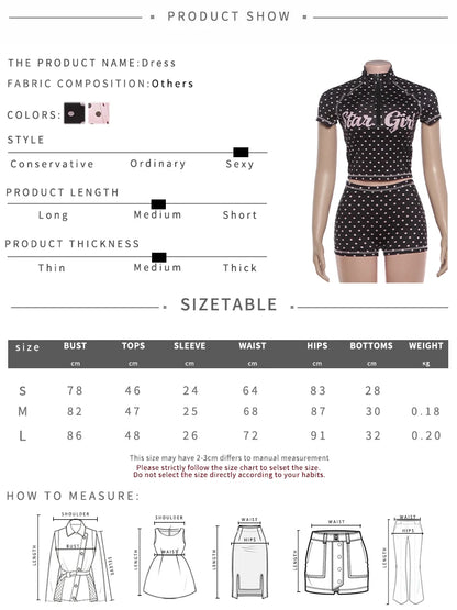 Kliou Polka Dot Print 2 Piece Set Woman Zip Turtleneck Short Sleeve Crop Tops+Skinny Shorts Street Sexy Fashion Style Outfits