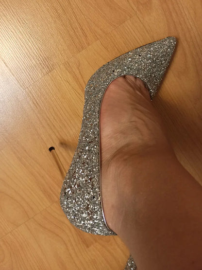 Women 7cm 9.5cm High Heels Pumps Wedding Bridal Scarpins Sparkly Mid Heels Lady Party Sequins Glitter Evening Gold Silver Shoes