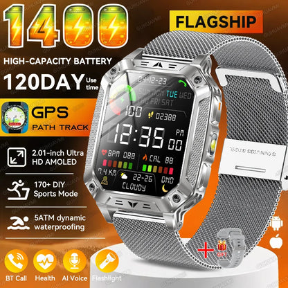 2026 New Outdoor GPS Smart Watch 1400mAh High Capacity Battery 2.01" Sapphire Screen 10ATM Waterproof Dual-color Lamp Smartwatch
