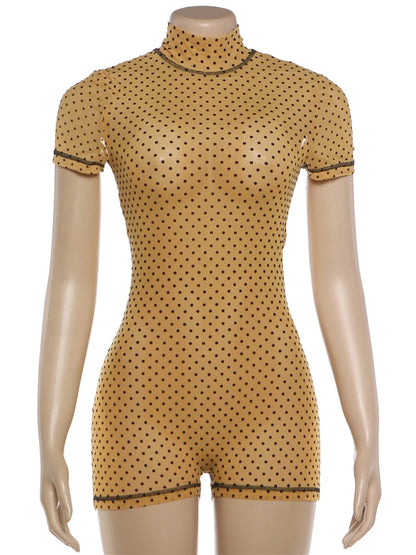 Weird Puss Polka Dot Print Rompers Woman Turtleneck Short Sleeve Backless Skinny Peach Hip Hot Girl Street Sexy Fashion Playsuit